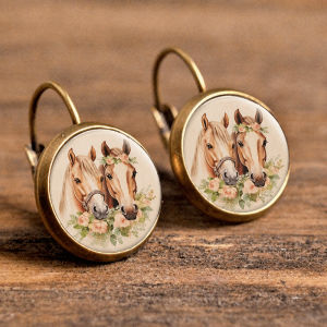 Bronze Glass Watercolor Horse Earrings Floral Vintage Drop Dangle Jewelry For Women Girls Animal Lovers Birthday Gift Accessorie