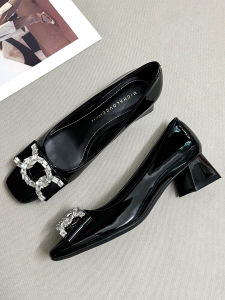 รองเท้าส้นเตี้ยหนัง PU ทรงหัวเหลี่ยมสไตล์เกาหลีสำหรับผู้หญิง ดีไซน์เรียบง่าย สไตล์ธุรกิจ สวมใส่สบาย รองเท้าส้นสูงหัวแหลม