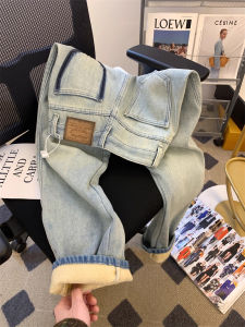 กางเกงยีนส์ทรงตรงบุขนแกะหนาสำหรับผู้หญิงในฤดูใบไม้ร่วงและฤดูหนาว กางเกงขายาวทรงหลวมเอวสูงทรงสลิมฟิต กางเกงขายาวทรงหลวม