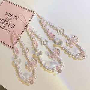 Pendant Beaded Bracelet Lanyard Crystal Bow Pink Transparent Love Heart Cellphone Hanging Rope