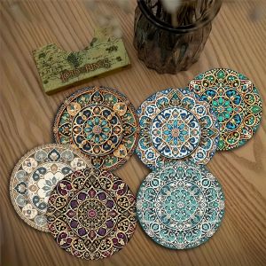 6pcs 4in Colour 2D Moroccan Mandara Wooden Cup Mat Set Heat-Resistant Non-Slip Easy Clean Home Restaurant Coffee Shop Decoration