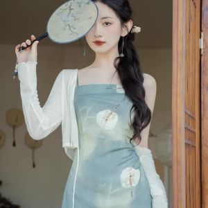 Retro Style Womens Summer Sleeveless Cardigan Sun Protection Lace Top with Strap Dress Outer Cover Thin Shawl V-neck Slim Fit