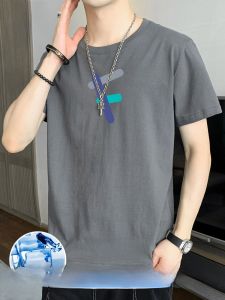 ROMON | Lomond Mens Ice Silk Short Sleeve T-Shirt Summer Thin Fashion Print Loose Round Neck Pure Cotton Youth Casual Body Shirt