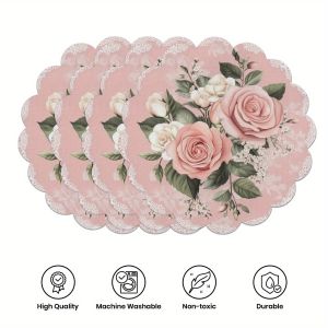 VIKAMA 4PC Lace Floral Placemat Circular Home Dining Table Afternoon Tea Party Decoration Romantic And Warm Style