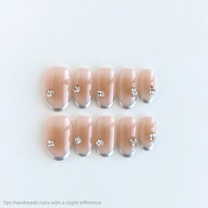 10pcs Handmade Nude Rhinestone sliver Edge Press on Nails Short Oval Full Cover Wearable Reusable Fashion False Nails 2026