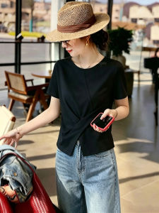 TIANQIANHUI | Black Crewneck Straight Shoulder T-shirt Short Sleeve Light Summer Slit Asymmetrical Design