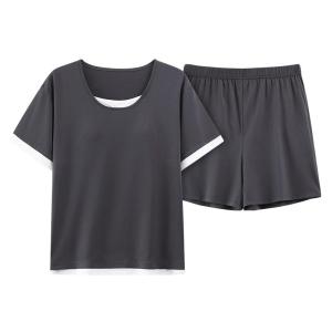 miiow | Casual Style Womens Sleepwear With Chest Pad Thin Summer Home Clothes Set Can Be Worn Outside Short Sleeve Round Neck Pure Color