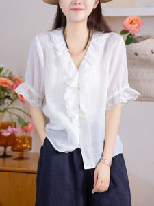 XIAOER | Multi-layer Lace 100% Ramie Five-quarter Sleeve Slim Fit Shirt