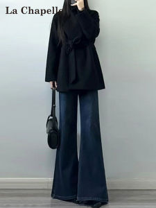 High Waist Flared Jeans Womens Autumn Long Slimming Cover Hip Micro Flare Denim Pants Casual Wear Resistant Deep Color