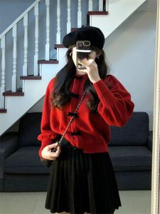 เสื้อสเวตเตอร์สีแดงมีโบว์ผีเสื้อสำหรับผู้หญิง เสื้อคลุมแขนยาวแบบสวมหัว ทรงหลวม ปกติ ความหนาปกติ เสื้อผ้าผู้หญิงฤดูใบไม้ร่วง/ฤดูหนาว