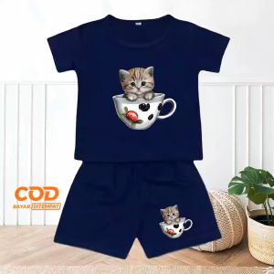 Setelan anak Laki-Laki dan Perempuan usia 1-10 tahun bergambar KUCING CANGKIR lengan pendek