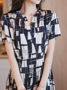 Elegant Silk Print Dress Womens Summer Fashion Loose Slimming High Waist A-Line Skirt V-Neck Short Sleeve Casual Elegant Dress