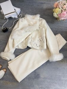 Luxury Embroidered Woolen down Jacket And Long Skirt Set Womens Fashion Winter Outfit Two-Piece Suit Chinese Style Cozy Ensemble