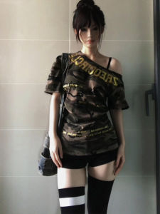 XIANGBAIWEI | Crop Shoulder Slim Fit Camo Tee