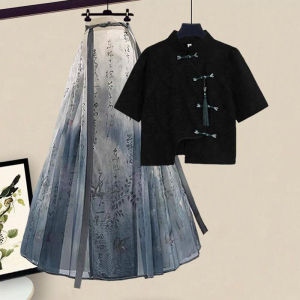 Summer New Chinese Style Tops Small Womens New Arrival Short-Sleeved Shirt Matching National Style High Waist Horse-Face Skirt Two-piece Set