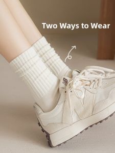 JIAZINI | Womens Cotton Socks Sporty Spring Autumn Style White Color Mid-Calf Length Trendy Japanese Style Moisture Wicking Pure Color