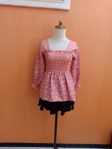 atasan wanita pink motif bunga putih S M L cewek lengan panjang dada karet leher kotak blouse cute santai