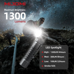 MIJOMI S701 LED Flashlight 1300 Lumens 8 modes with 500 lumens COB Work Light 178meters Long beam distances 21700 Type-C 4000mAH Rechargeable Flashlight IP64 waterproof flashlights for industrial work lighting & Outdoor automotive repair