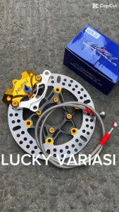 1PAKET PIRINGAN DISC 220MM + KALIPER 2PISTON + SELANG REM 90CM + BAUT DISC + BREKET 220MM BEAT VARIO SCOOPY MIO SMILE FINO VIXION XEON NOUVO JUPITER Z MIO SPORTY