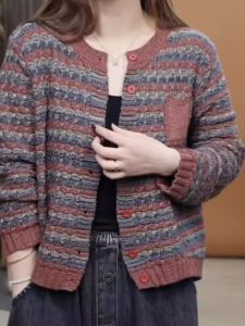 Áo Len Cardigan Dệt Kim Cổ Tròn Kẻ Sọc Phong Cách Retro Giản Dị Thời Trang Thu Đông Cao Cấp Cho Nữ