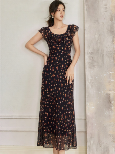 Roey s house | French Flounce Floral Chiffon U-Neck Waist-Hugging Dress