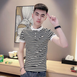 Slim Fit Mens Short Sleeve T-Shirt Trendy Striped POLO Shirt Summer High End Feeling Cool Brand Youthful round Neck Tee