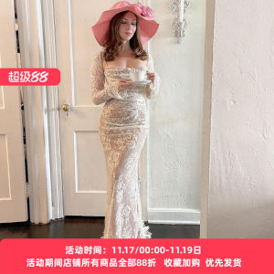 Váy Đuôi Cá Dài Tay Ren Phong Cách Pháp Váy Cưới Nhẹ Váy Dài Hai Mảnh Váy Dài Mùa Thu Đông Cho Nữ