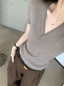 CHOEFULYN | Elegant Stripe V-Neck Straight Shoulder Short Sleeve Slim Fit Knit Top