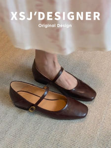 วินเทจฝรั่งเศสของแท้ หนัง รองเท้าแมรี่เจนผู้หญิงก้นแบน ชุดกี่เพ้า รองเท้า นุ่ม หนัง รองเท้าเดี่ยวส้นกลาง