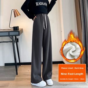 YAMIANNV | Plus Size High Waist Fleece Lined Straight Leg Casual Thickened Womens Pants Autumn Winter Wide Leg Trousers Floor Length
