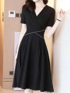 Spring Autumn Womens Hepburn Style Slimming Straight Tube Dress High Waist A-Line Midi Skirt Short Sleeve V-Neck Pure Color