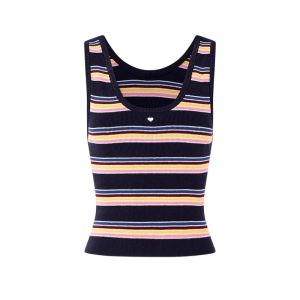 YUEZHONGWEI | Slim Fit Ice Silk Knitted Strap Vest Women Summer Outdoor Wear Short Sleeve Top Rainbow Stripe U Neck Fashionable Trendy Short