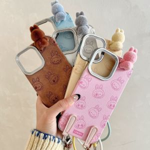 【Hot】Electroplated Frame Multiple Labubu Pattern Premium Leather Anti-drop Phone Case with Lanyard & 3D Plush Doll For iPhone 11 12 13 14 Series