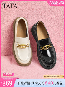 Tata Thick Heel British Style Slip-On Loafers Womens Shoes round Toe mid Heel Rubber Sole Fashionable Casual Footwear