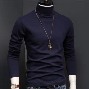 New Men Fashion T Shirt Tees Slim Tops Male Stretch T-shirt Turtleneck Long Sleeve Tee Shirts High Collar Mens Cotton Tees