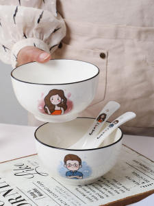 ชามคู่รักชุดชามช้อนใช้ในบ้านแบบคู่สำหรับคู่รักชามข้าวเซรามิกลายการ์ตูนน่ารักสไตล์ญี่ปุ่นมีมูลค่าสูงจานสเต็กเนื้อ