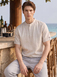 Enjeolon | Linen Tencel Cotton Henry Collar Stylish Breathable Summer Tee
