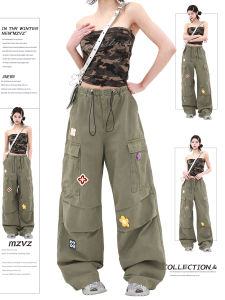 MZVZ | Quần Jeans Xanh Rêu Thêu Mũi Tên Phong Cách Hoa Kỳ Dáng Rộng