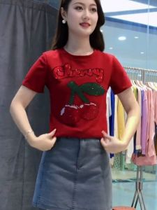 Girls Short Sleeve T-Shirt round Neck Heavy Embellished Diamond Fashionable Cute Summer Top Korean Style Embroidery Floral Pattern