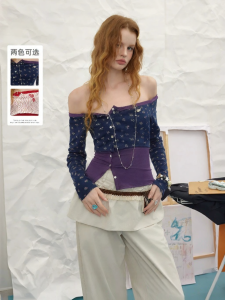 unifree | Áo Thun Dáng Layer Off-shoulder Màu Đối Chọi Hoa Phân Cắt Accent Waist Ngọt Đẹp Ôm Retro