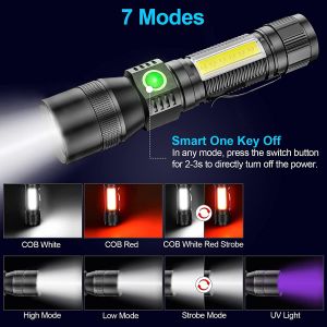 【7 Modes Light】UV Flashlight Zoomable Torch light ultra Bright Black Light Detection Stains Multifunctional Flashlight Rechargeable Ultraviolet Light Magnetic flash lights rechargeable UV light Money Detect Light UV lamp Red light cob work light