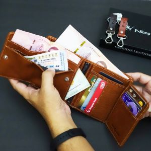 กระเป๋าสตางค์หนังแท้ 100% กระเป๋าสตางค์ผู้ชาย ทรงตั้ง 4 พับ จุเยอะ หนังนุ่ม Wallet เป๋าตังค์ กระเป๋าใส่เงิน หนังชาร์มัว genuine leather สี่พับ