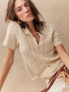 French Handmade Lace Hollow Short Sleeve Knitted Top Women Summer Thin Design T-Shirt Open Cardigan Loose Fit Regular Sleeve