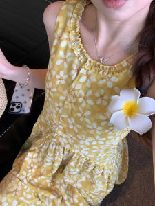 Váy Dài Không Tay Họa Tiết Hoa Cotton Cổ Tròn Dáng Chữ a Váy Vest Ren Tua Rua Nhỏ Kufuimxiang Mùa Xuân 2025