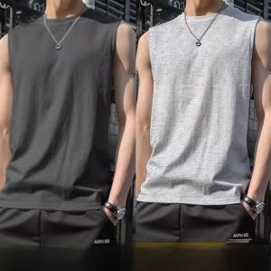 Ice Silk Vest Mens Summer Thin Outerwear Modal Cotton Quick Dry Shoulder Top Sports Sleeveless T-shirt Loose Fit round Neck
