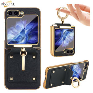 【With Lens Glass Films】KISSCASE For Samsung Z Flip5 Flip 4 Flip3 5G Case Plating Hinge PU Leather Protection Ring Bracker Holder Stand Kickstand Cover for Samsung Galaxy Z Flip 3 4 Flip 4 Z Flip 5 5G Back Cover Case