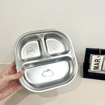 Childrens 304 Stainless Steel Compartmentalized Dinner Plate with Lid Portable Lunch Tray Baby Eating Cartoon Plate Food Grade