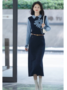 Korean Style Autumn Winter High End Knitted Dress Set Elegant Ladylike Mini Fragrance Style Fake Two Piece Dress Ensemble