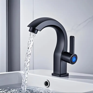Modern single hole bathroom sink faucet with side spray matte black valve ergonomic curved nozzle easy to install
