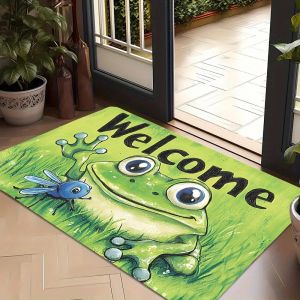 VIKAMA Green Frog Welcome Dragonfly Grass Cute Art Flannel Door Mat Non Slip Entryway Bedroom Living Room Home Decor Unique Gift
